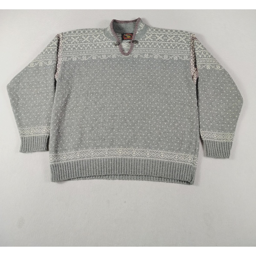 Vintage ALPS Sweater Womens Large Gray‎ Fair Isle Wool Henley Cabincore Cozy